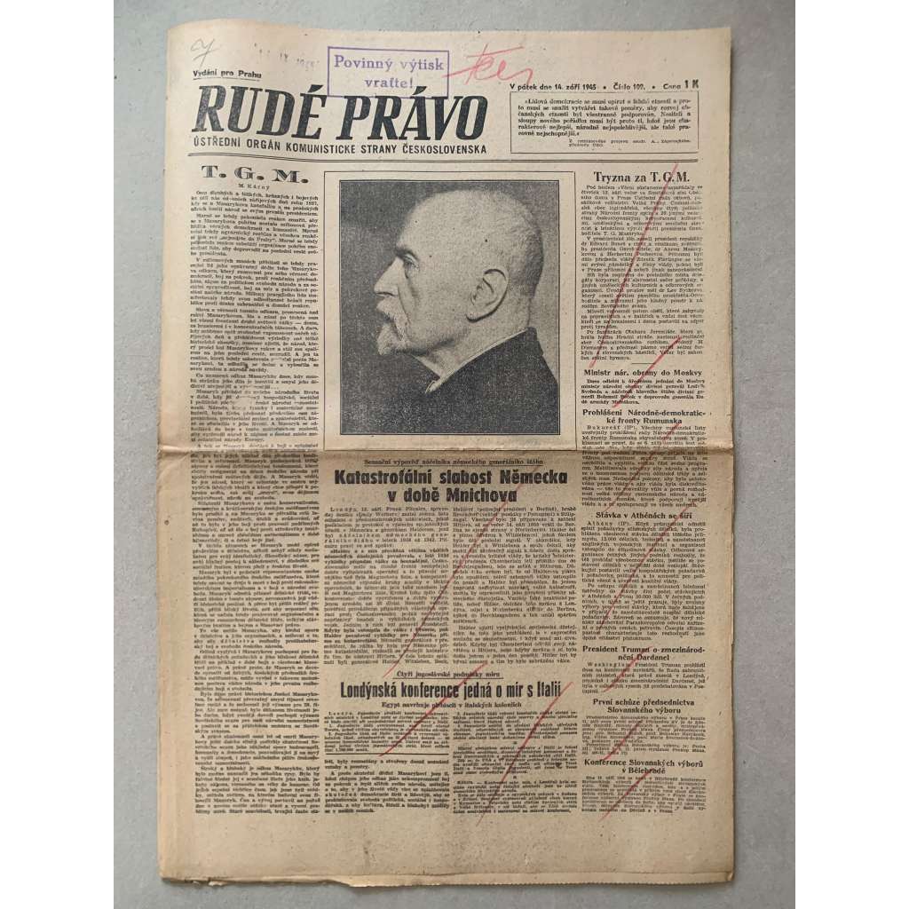 Rudé právo (14.9.1945) - 1. republika, staré noviny