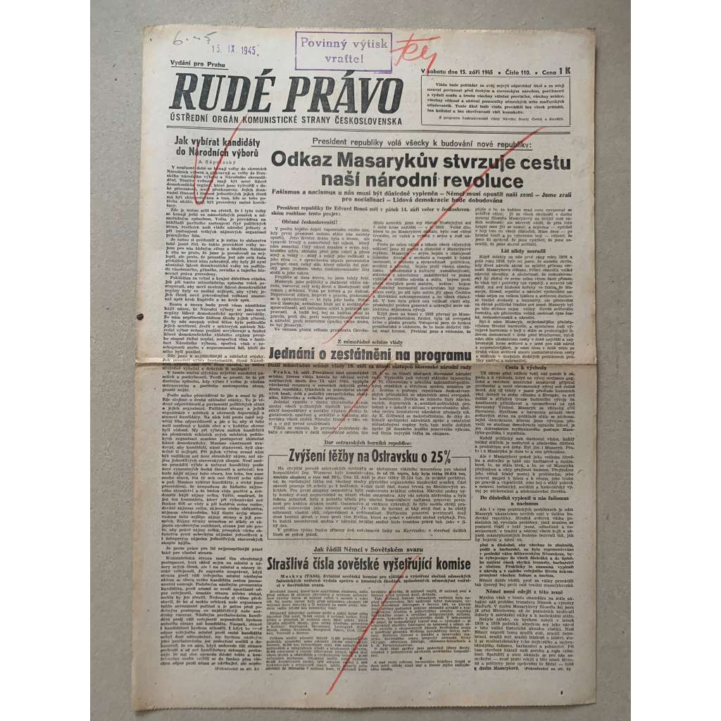 Rudé právo (15.9.1945) - 1. republika, staré noviny