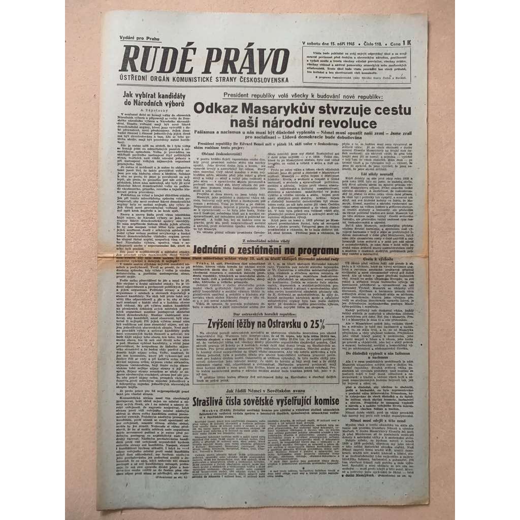 Rudé právo (15.9.1945) - 1. republika, staré noviny