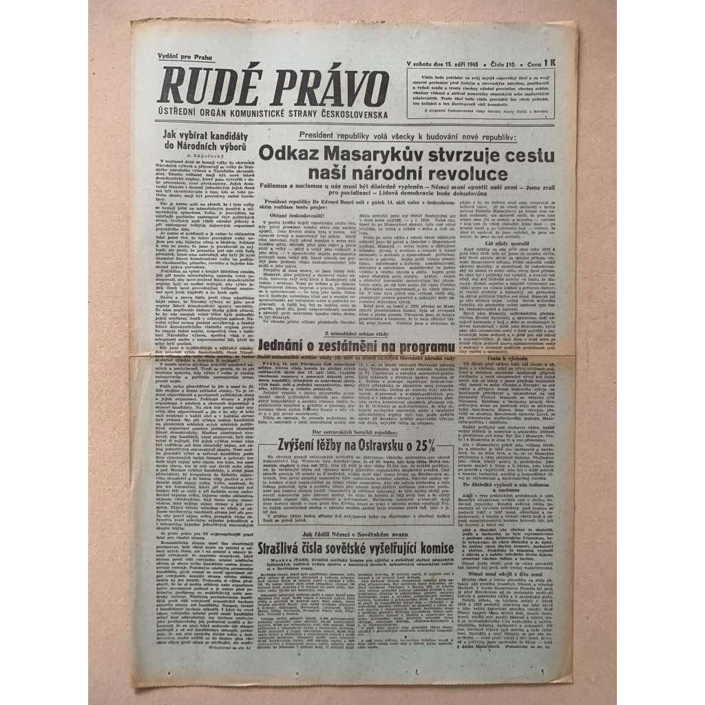 Rudé právo (15.9.1945) - 1. republika, staré noviny