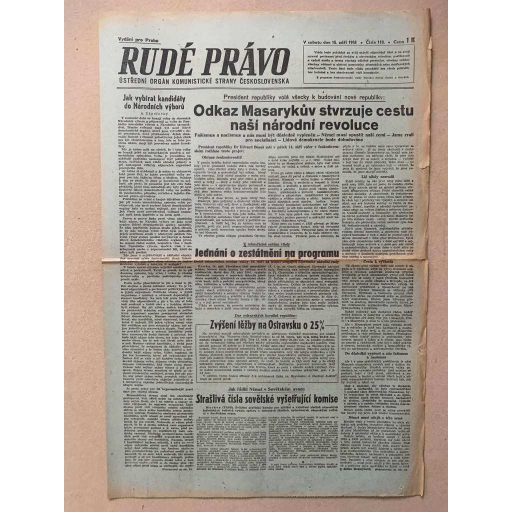 Rudé právo (15.9.1945) - 1. republika, staré noviny