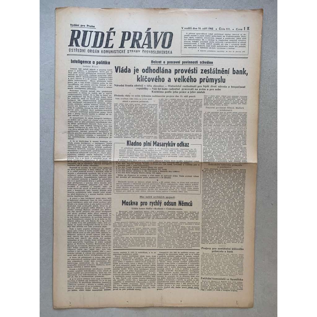 Rudé právo (16.9.1945) - 1. republika, staré noviny