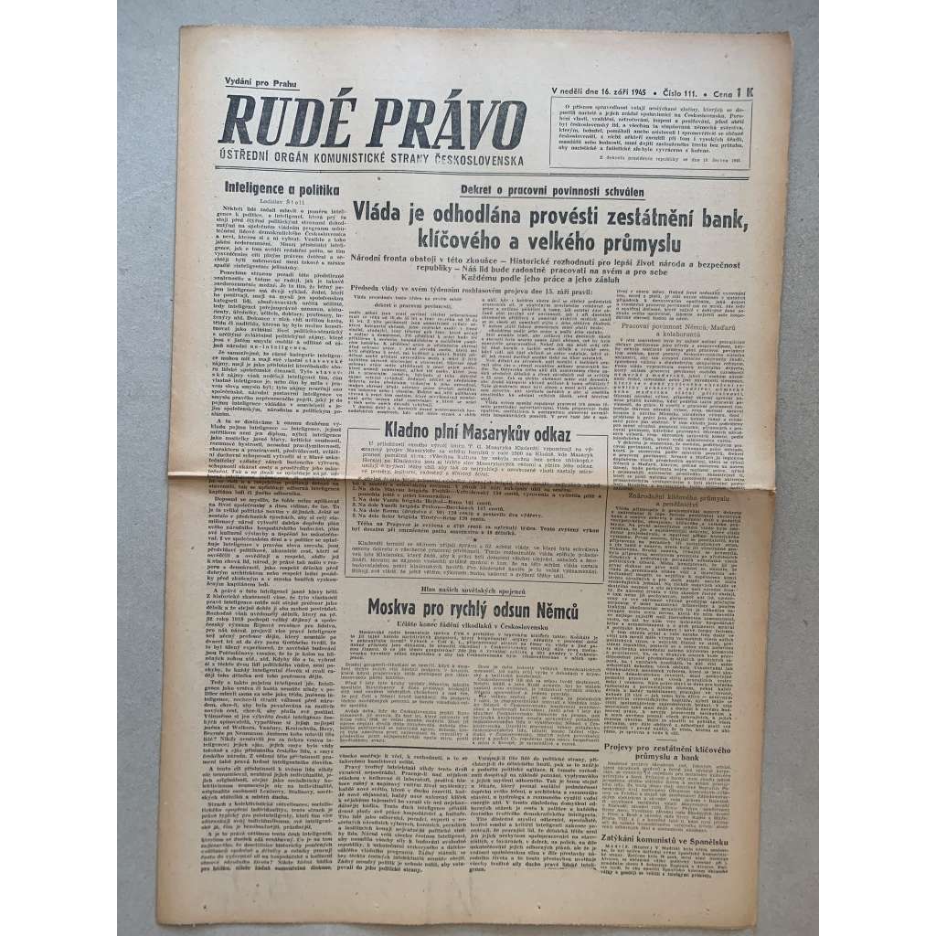 Rudé právo (16.9.1945) - 1. republika, staré noviny