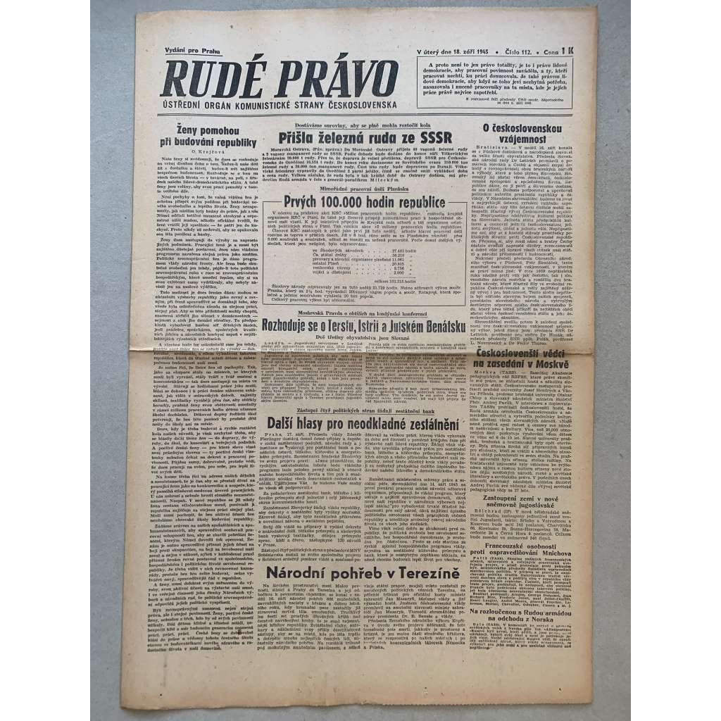 Rudé právo (18.9.1945) - 1. republika, staré noviny