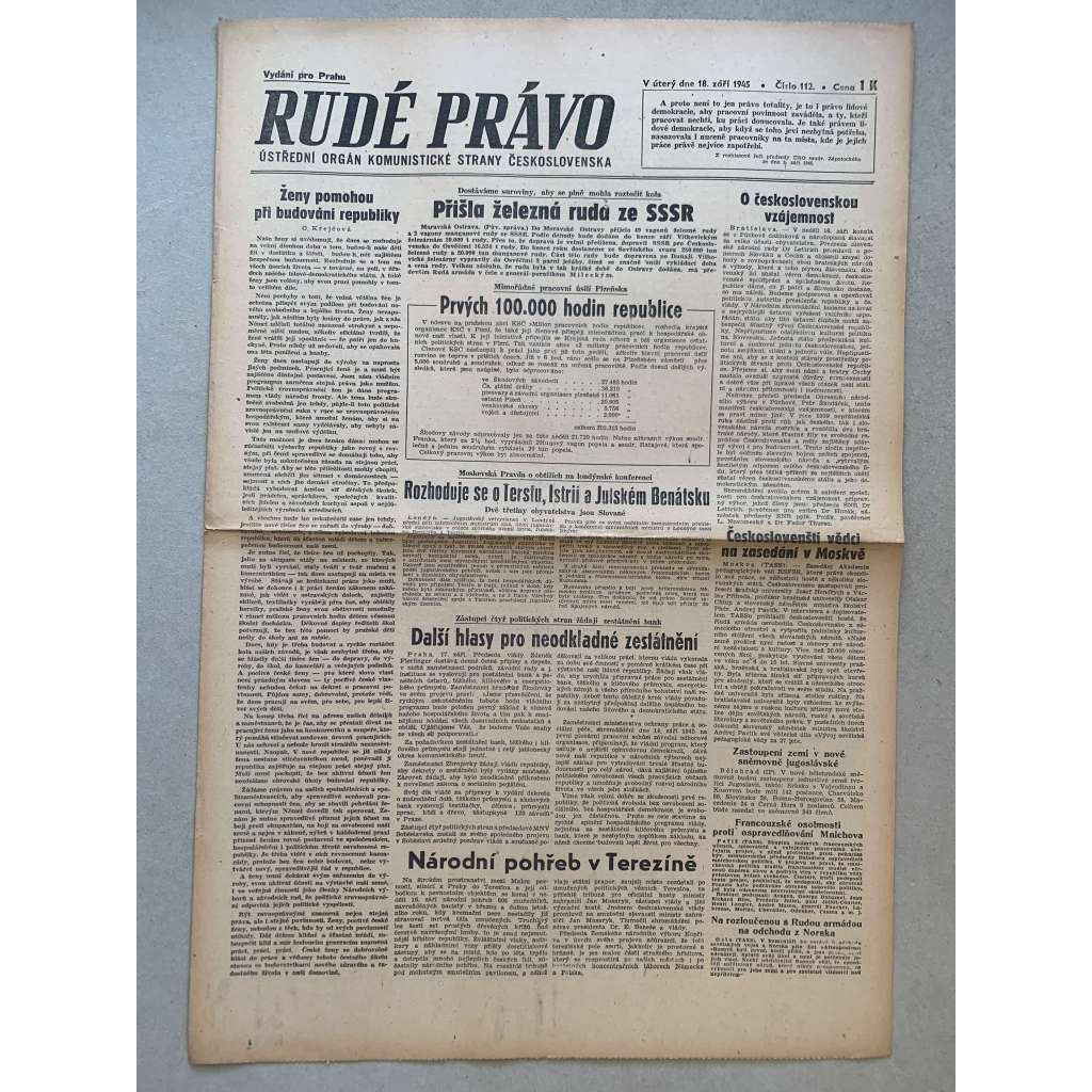 Rudé právo (18.9.1945) - 1. republika, staré noviny