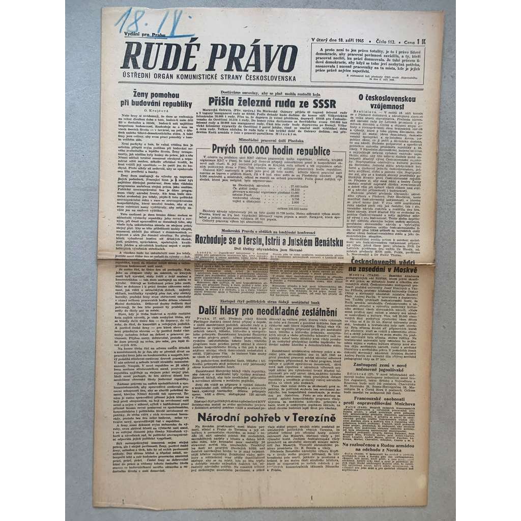 Rudé právo (18.9.1945) - 1. republika, staré noviny