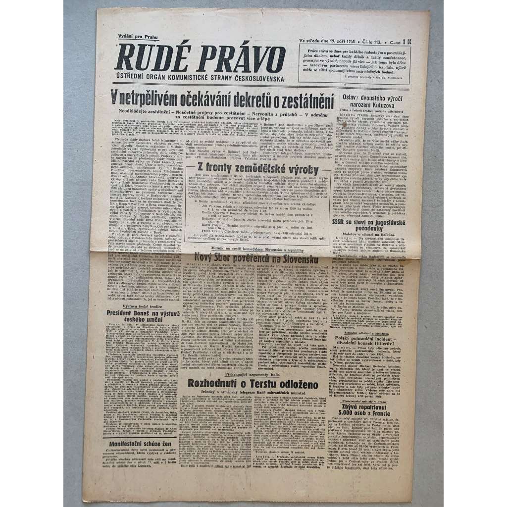 Rudé právo (19.9.1945) - 1. republika, staré noviny