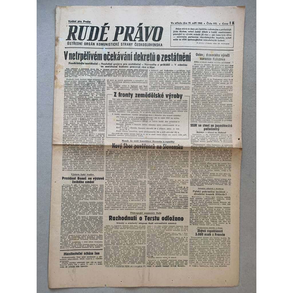 Rudé právo (19.9.1945) - 1. republika, staré noviny