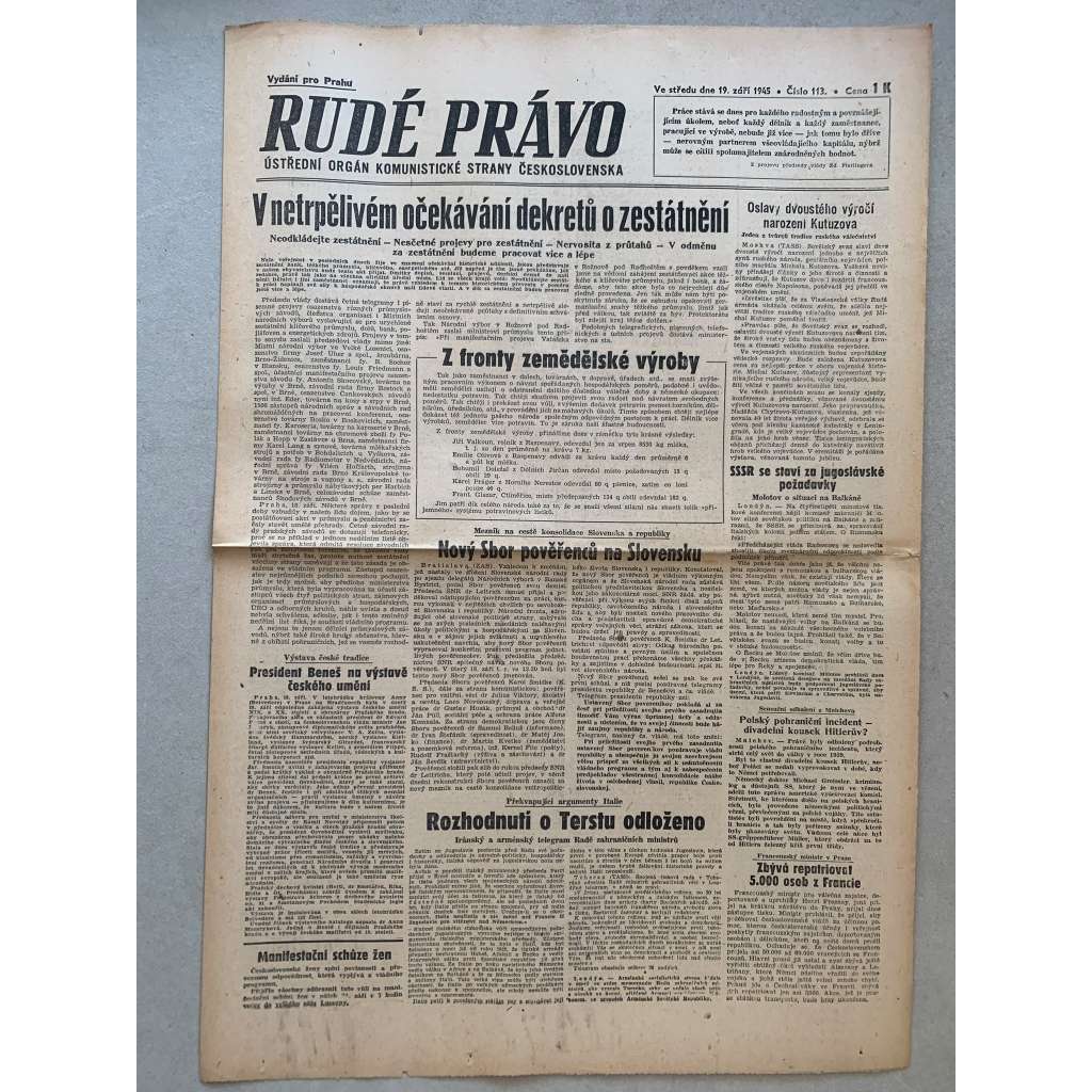Rudé právo (19.9.1945) - 1. republika, staré noviny
