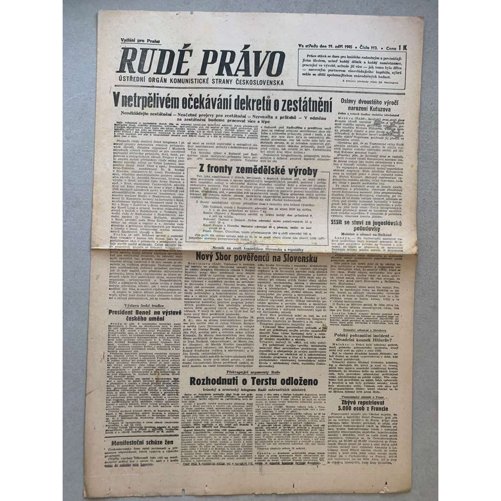 Rudé právo (19.9.1945) - 1. republika, staré noviny