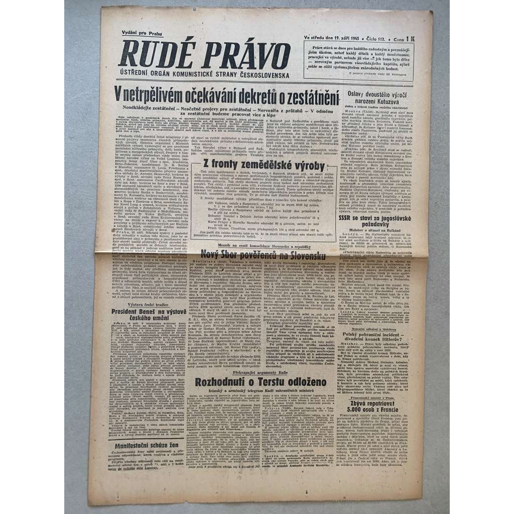 Rudé právo (19.9.1945) - 1. republika, staré noviny