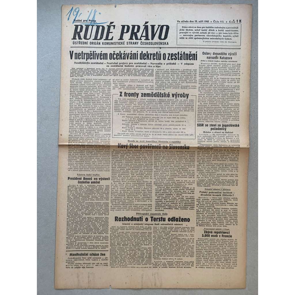 Rudé právo (19.9.1945) - 1. republika, staré noviny