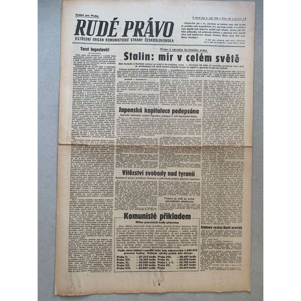 Rudé právo (4.9.1945) - 1. republika, staré noviny
