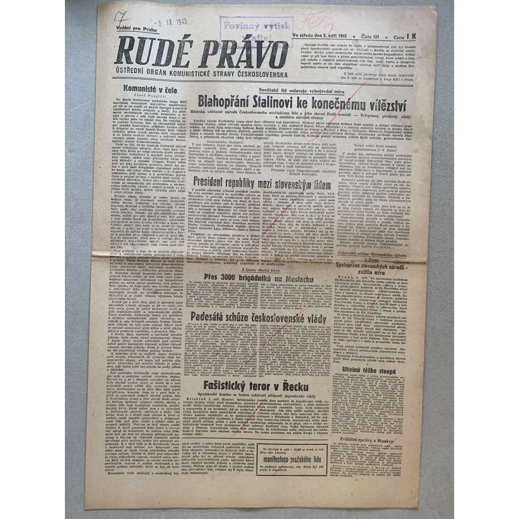 Rudé právo (5.9.1945) - 1. republika, staré noviny