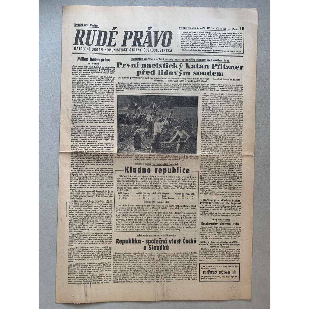 Rudé právo (6.9.1945) - 1. republika, staré noviny