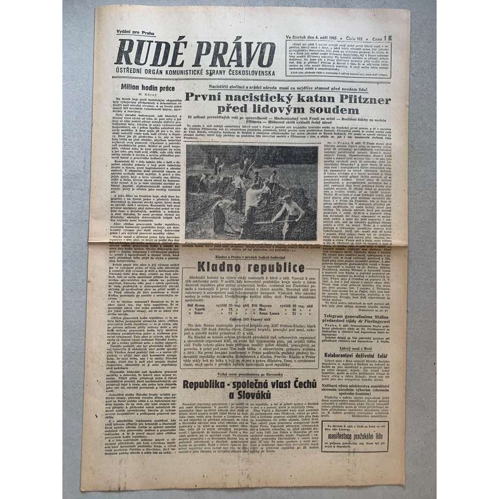Rudé právo (6.9.1945) - 1. republika, staré noviny