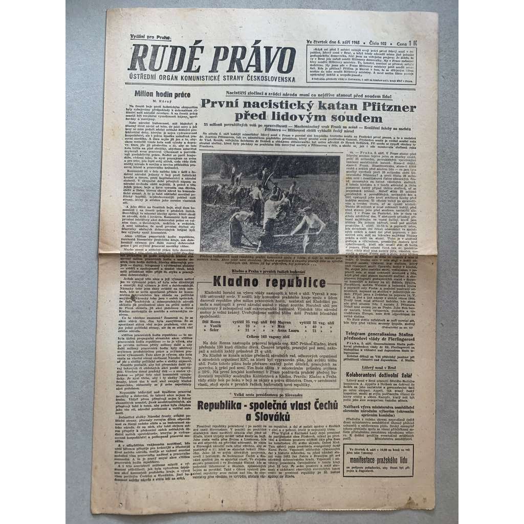 Rudé právo (6.9.1945) - 1. republika, staré noviny