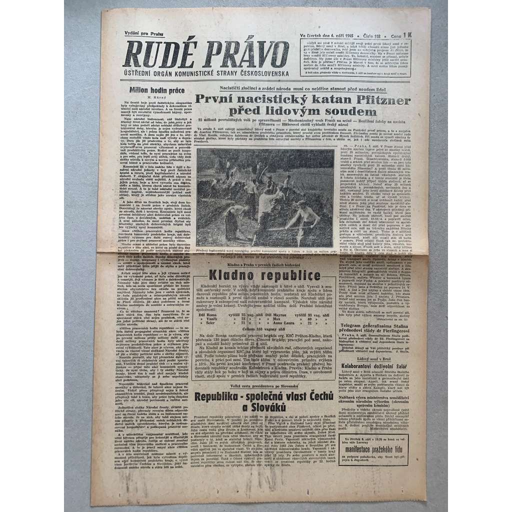 Rudé právo (6.9.1945) - 1. republika, staré noviny