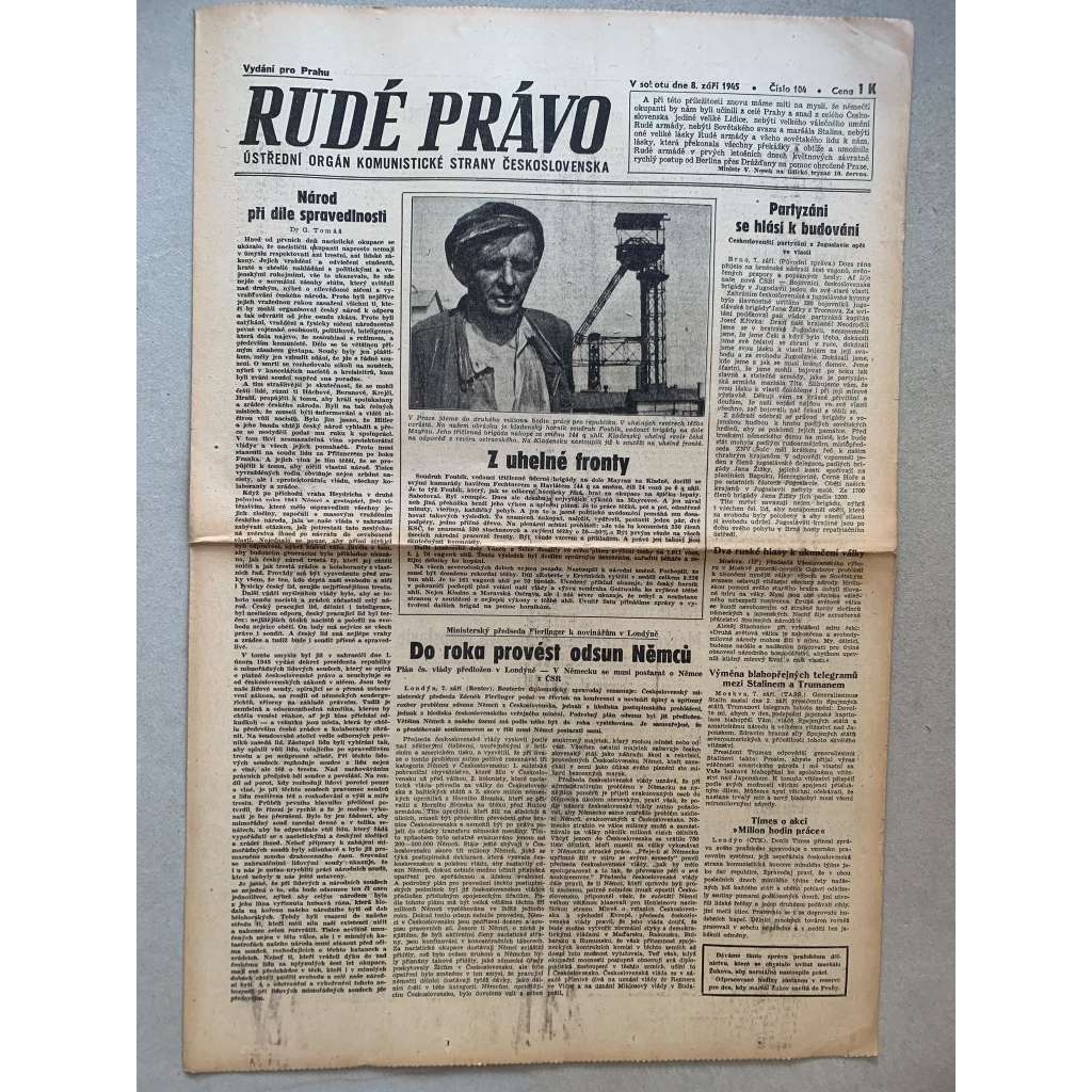 Rudé právo (8.9.1945) - 1. republika, staré noviny