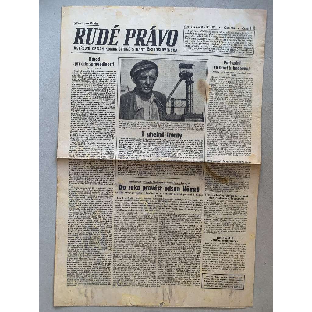 Rudé právo (8.9.1945) - 1. republika, staré noviny