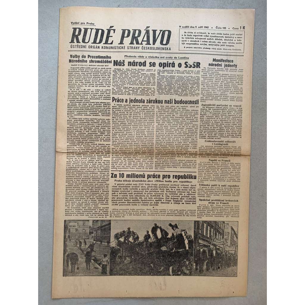Rudé právo (9.9.1945) - 1. republika, staré noviny