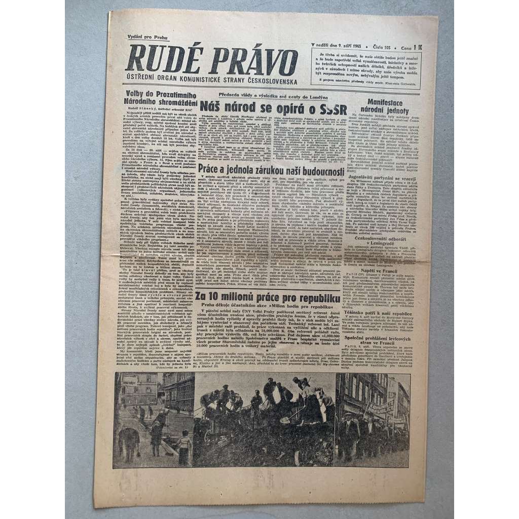 Rudé právo (9.9.1945) - 1. republika, staré noviny