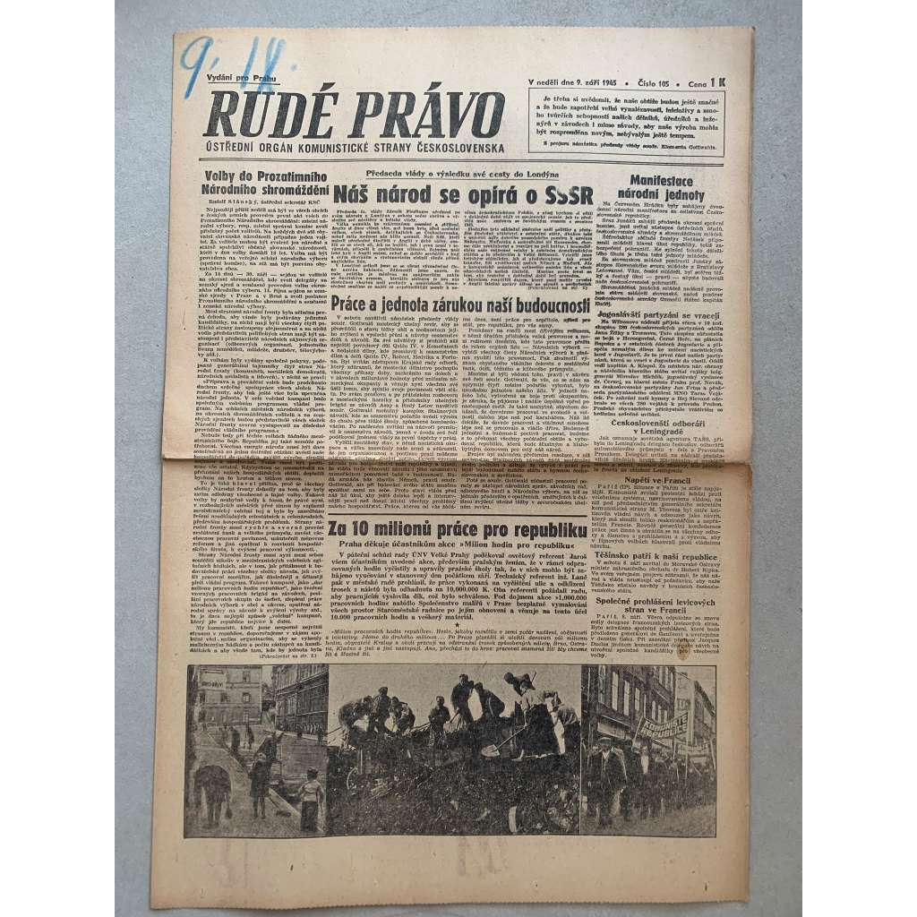 Rudé právo (9.9.1945) - 1. republika, staré noviny