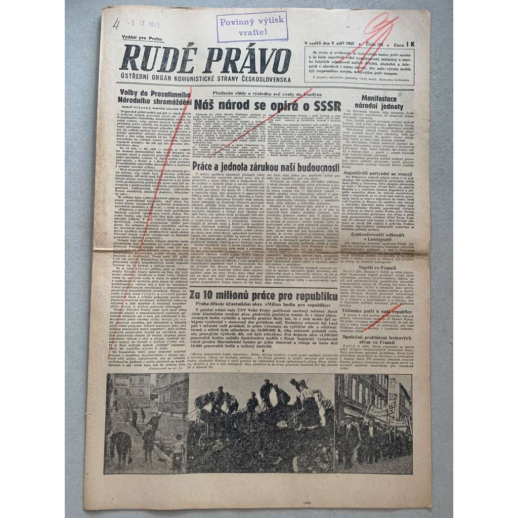 Rudé právo (9.9.1945) - 1. republika, staré noviny