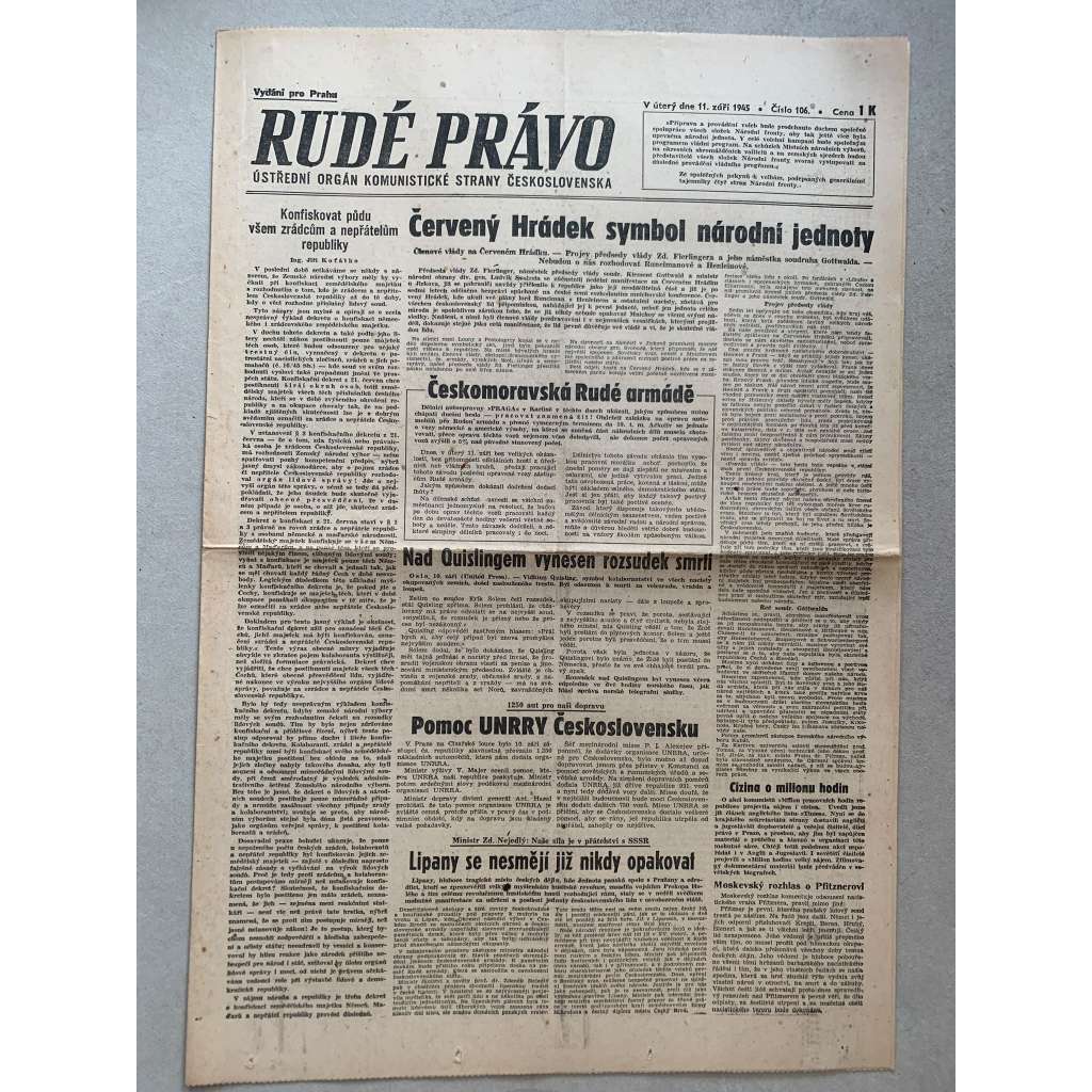 Rudé právo (11.9.1945) - 1. republika, staré noviny