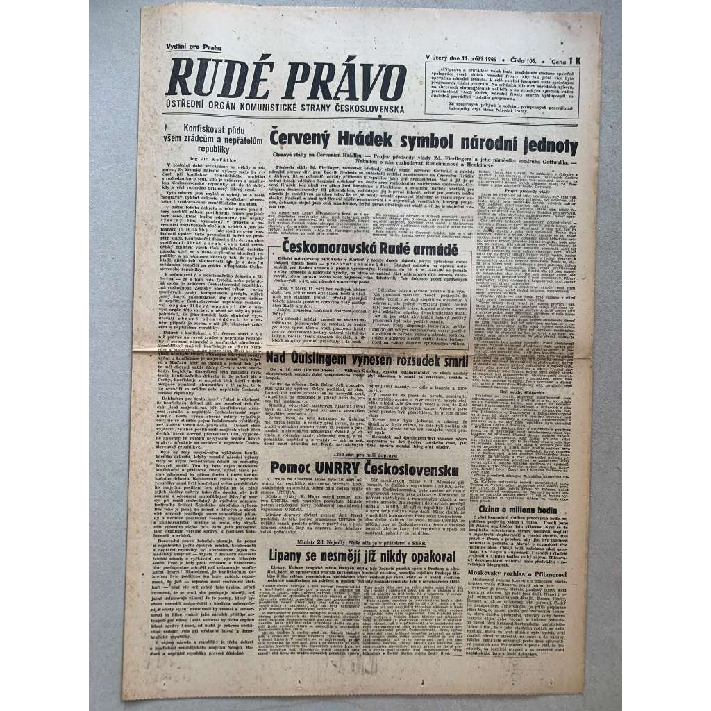 Rudé právo (11.9.1945) - 1. republika, staré noviny