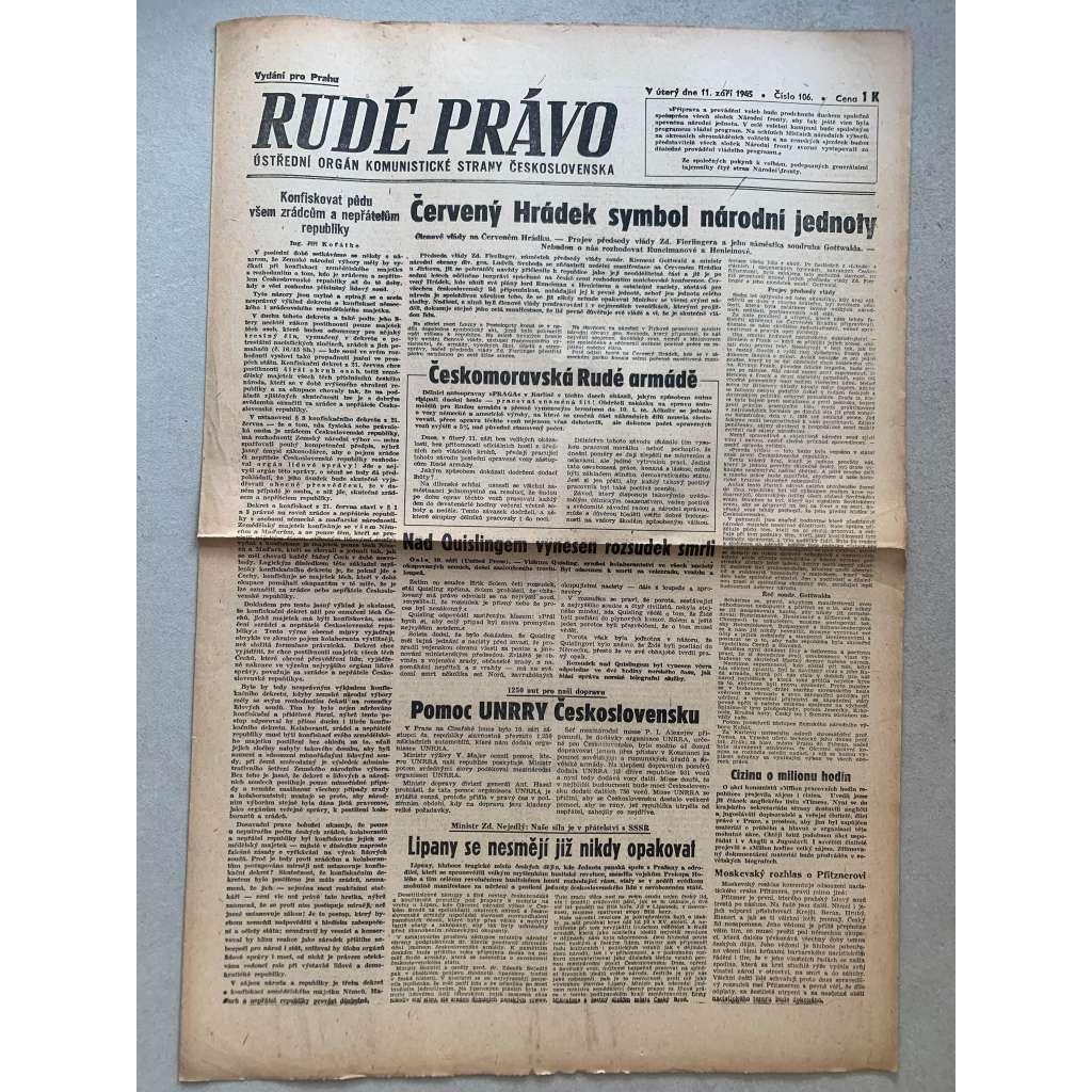 Rudé právo (11.9.1945) - 1. republika, staré noviny