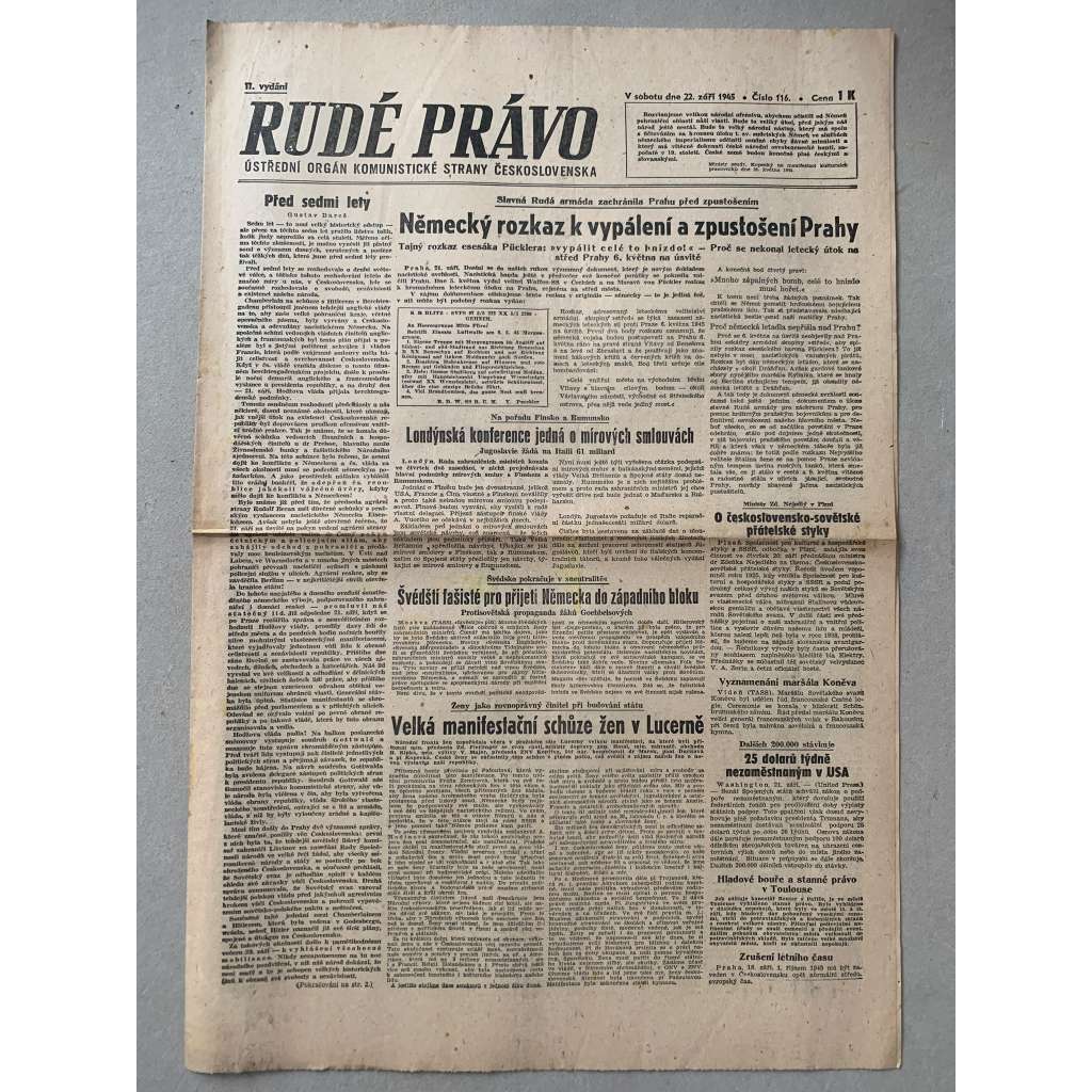 Rudé právo (22.9.1945) - 1. republika, staré noviny
