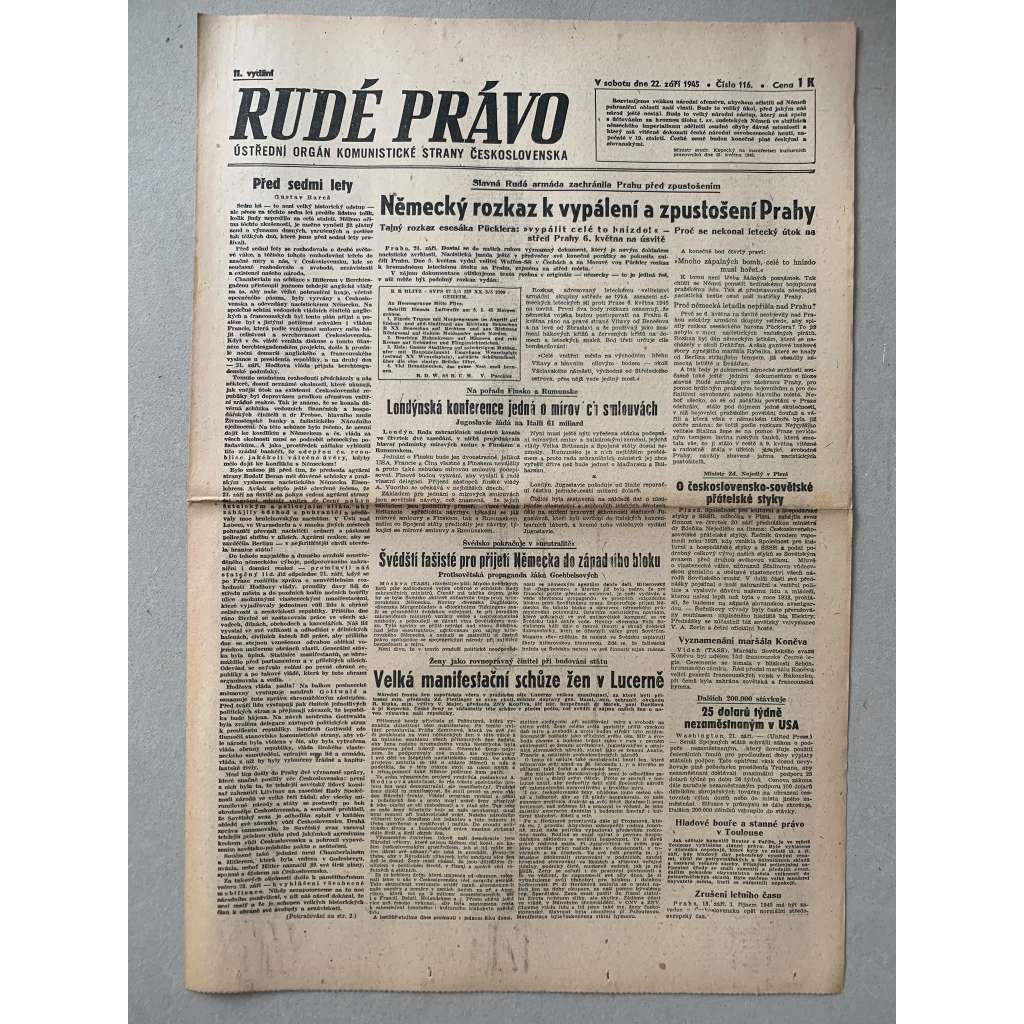 Rudé právo (22.9.1945) - 1. republika, staré noviny