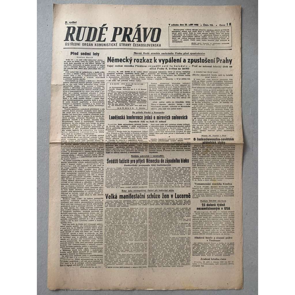 Rudé právo (22.9.1945) - 1. republika, staré noviny