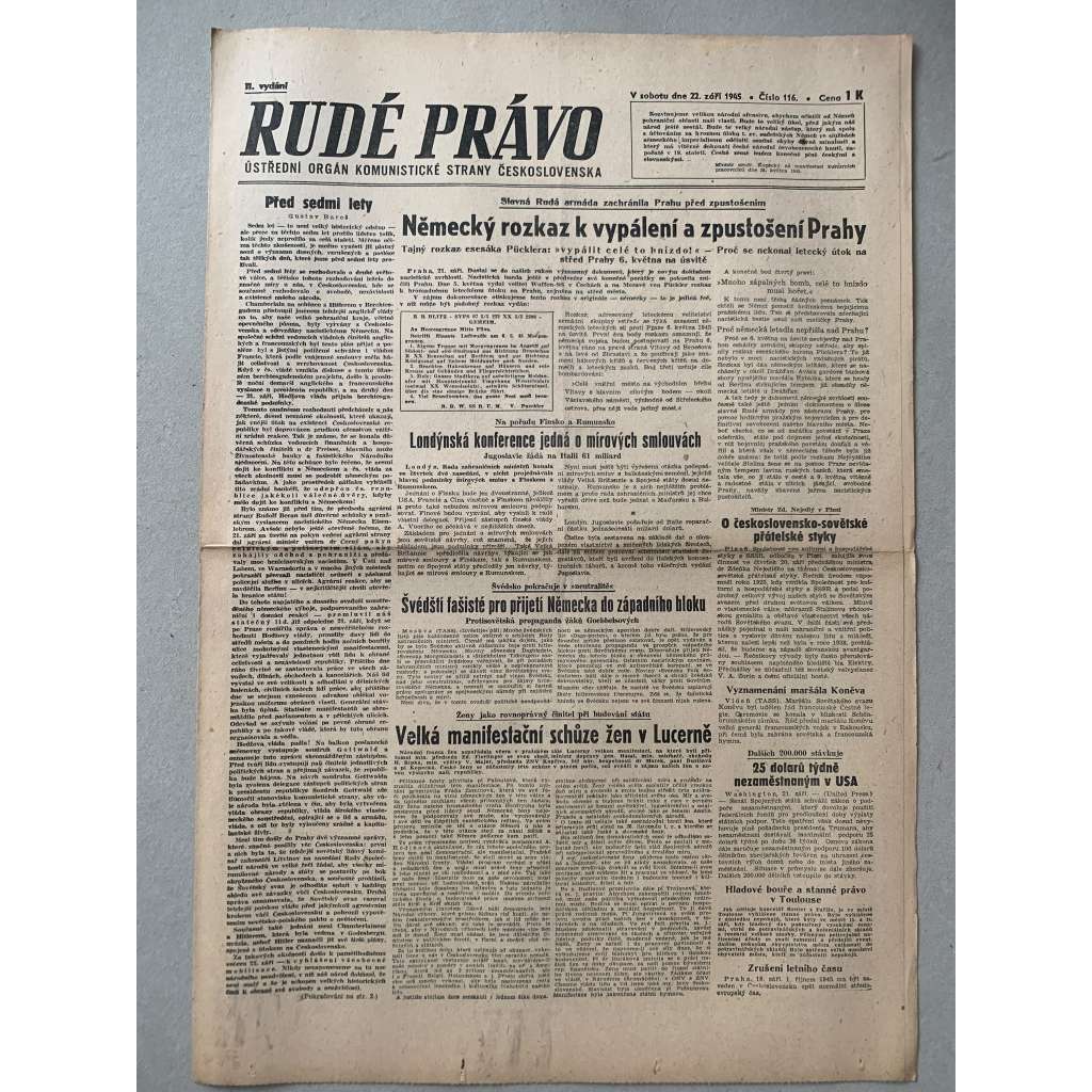 Rudé právo (22.9.1945) - 1. republika, staré noviny