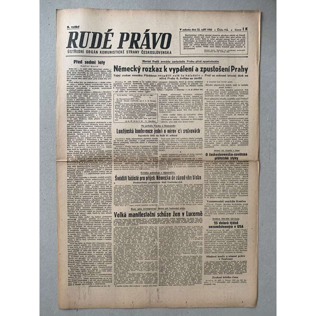 Rudé právo (22.9.1945) - 1. republika, staré noviny