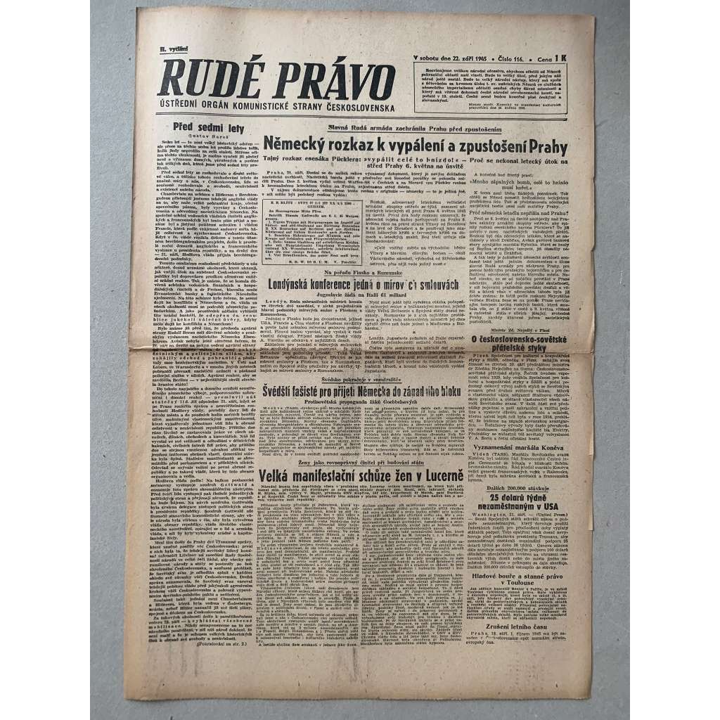 Rudé právo (22.9.1945) - 1. republika, staré noviny