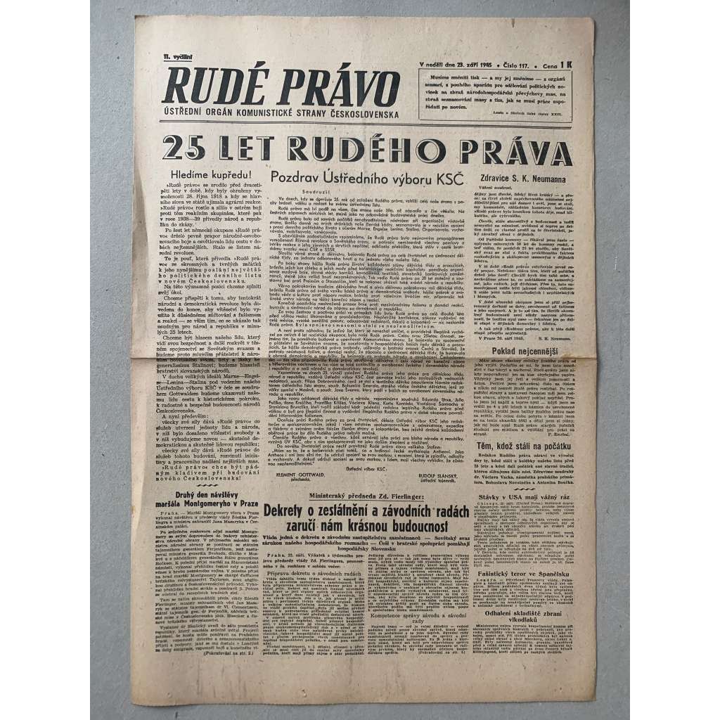 Rudé právo (23.9.1945) - 1. republika, staré noviny