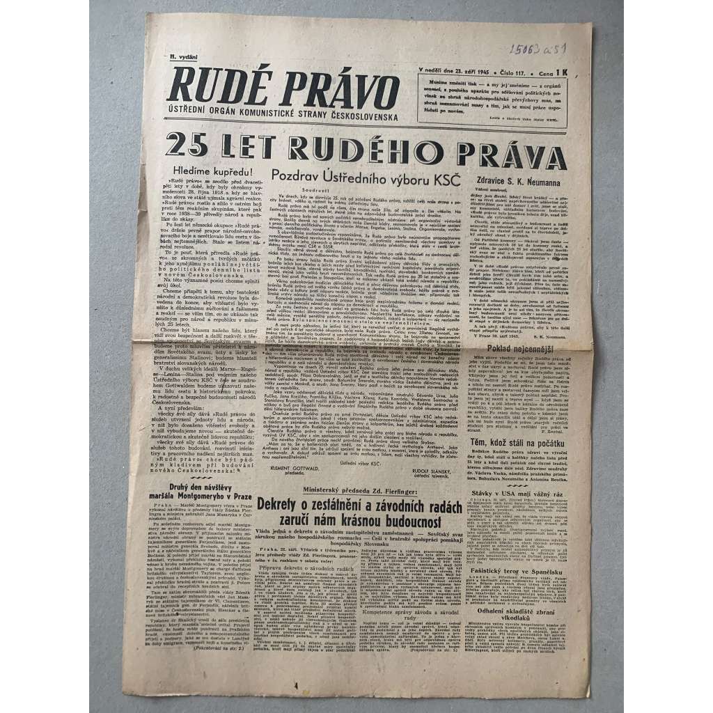 Rudé právo (23.9.1945) - 1. republika, staré noviny