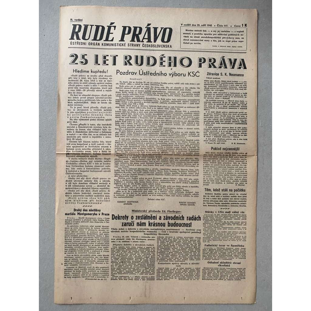 Rudé právo (23.9.1945) - 1. republika, staré noviny
