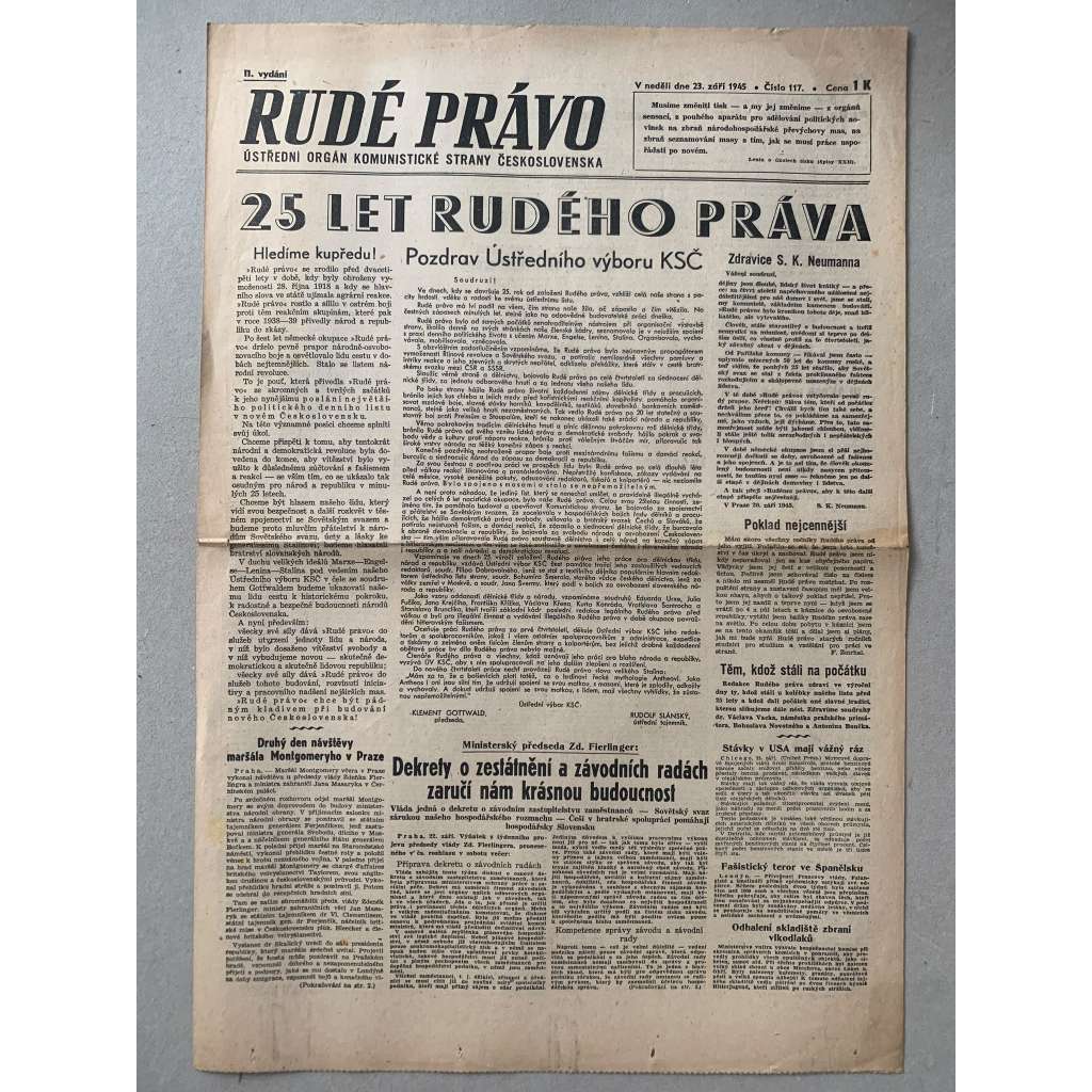 Rudé právo (23.9.1945) - 1. republika, staré noviny