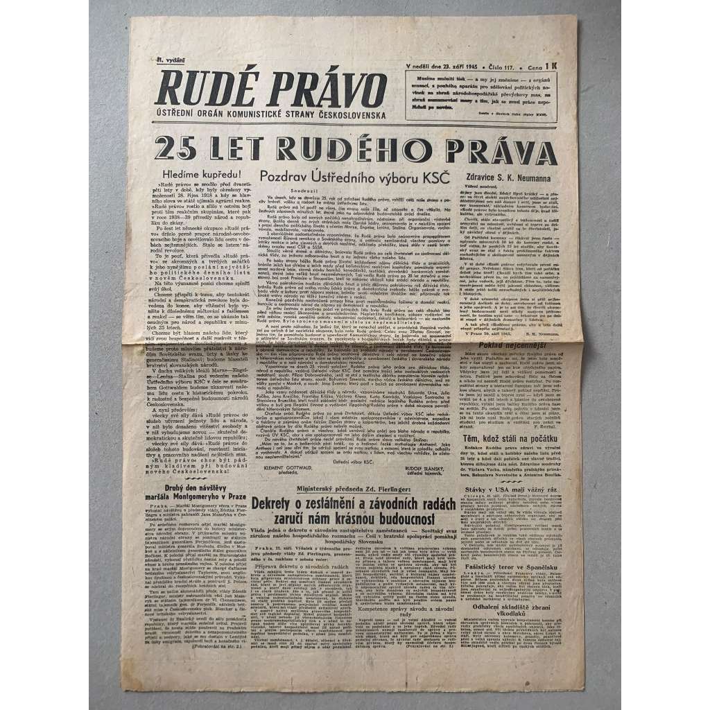Rudé právo (23.9.1945) - 1. republika, staré noviny