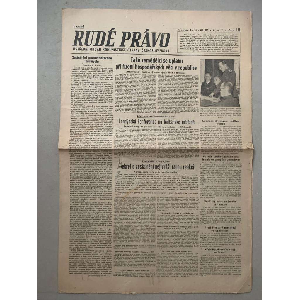Rudé právo (26.9.1945) - 1. republika, staré noviny