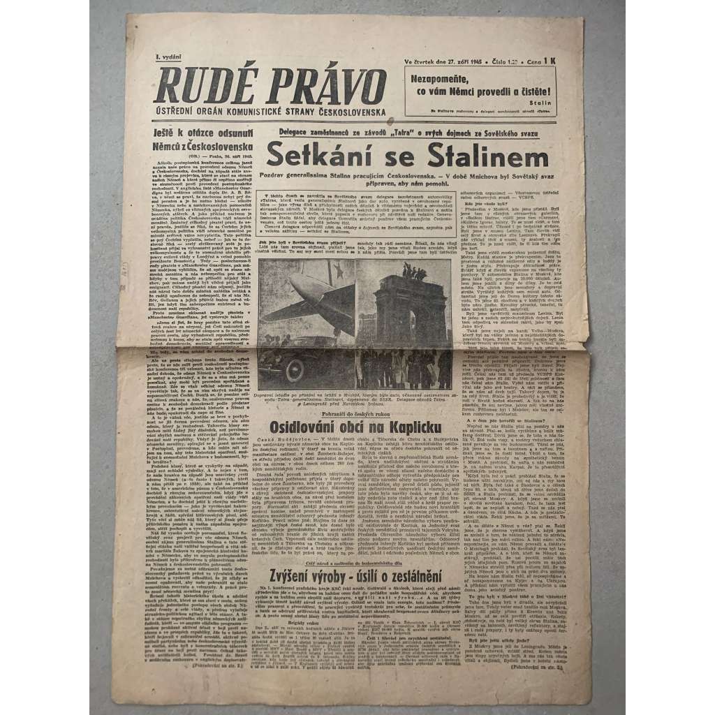 Rudé právo (27.9.1945) - 1. republika, staré noviny