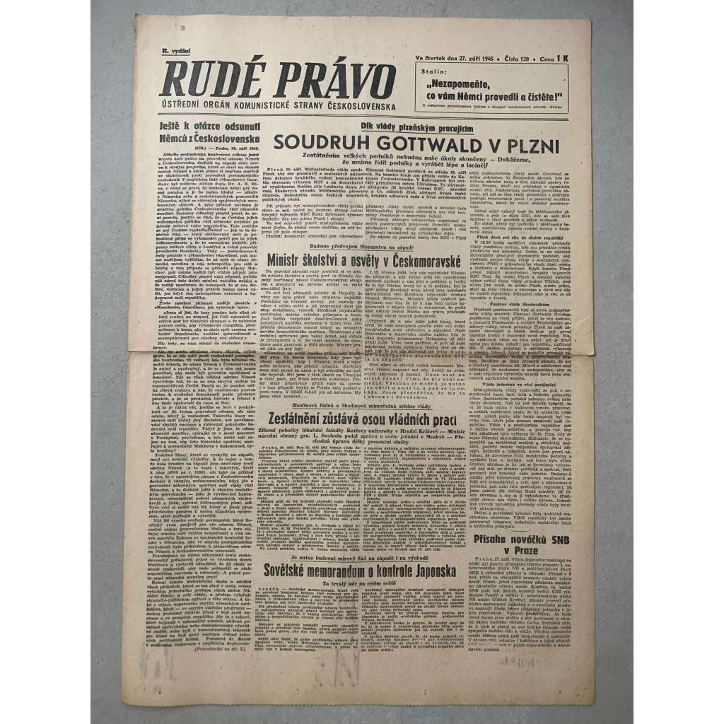 Rudé právo (27.9.1945) - 1. republika, staré noviny