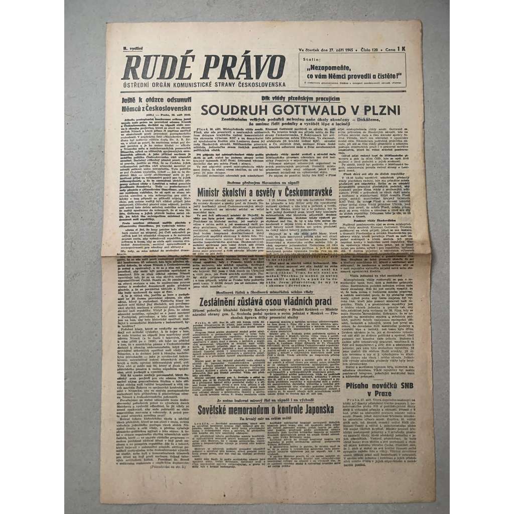 Rudé právo (27.9.1945) - 1. republika, staré noviny