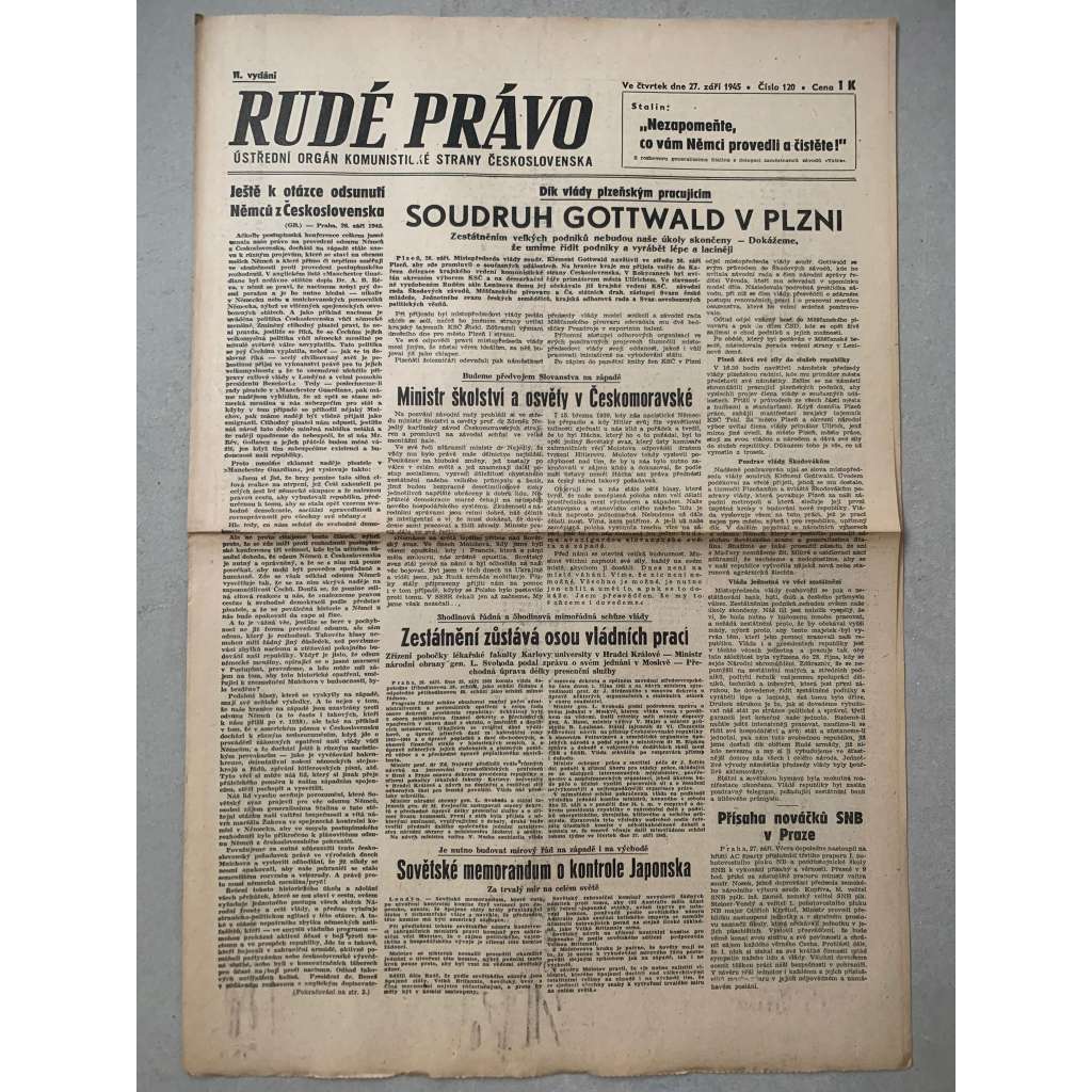 Rudé právo (27.9.1945) - 1. republika, staré noviny