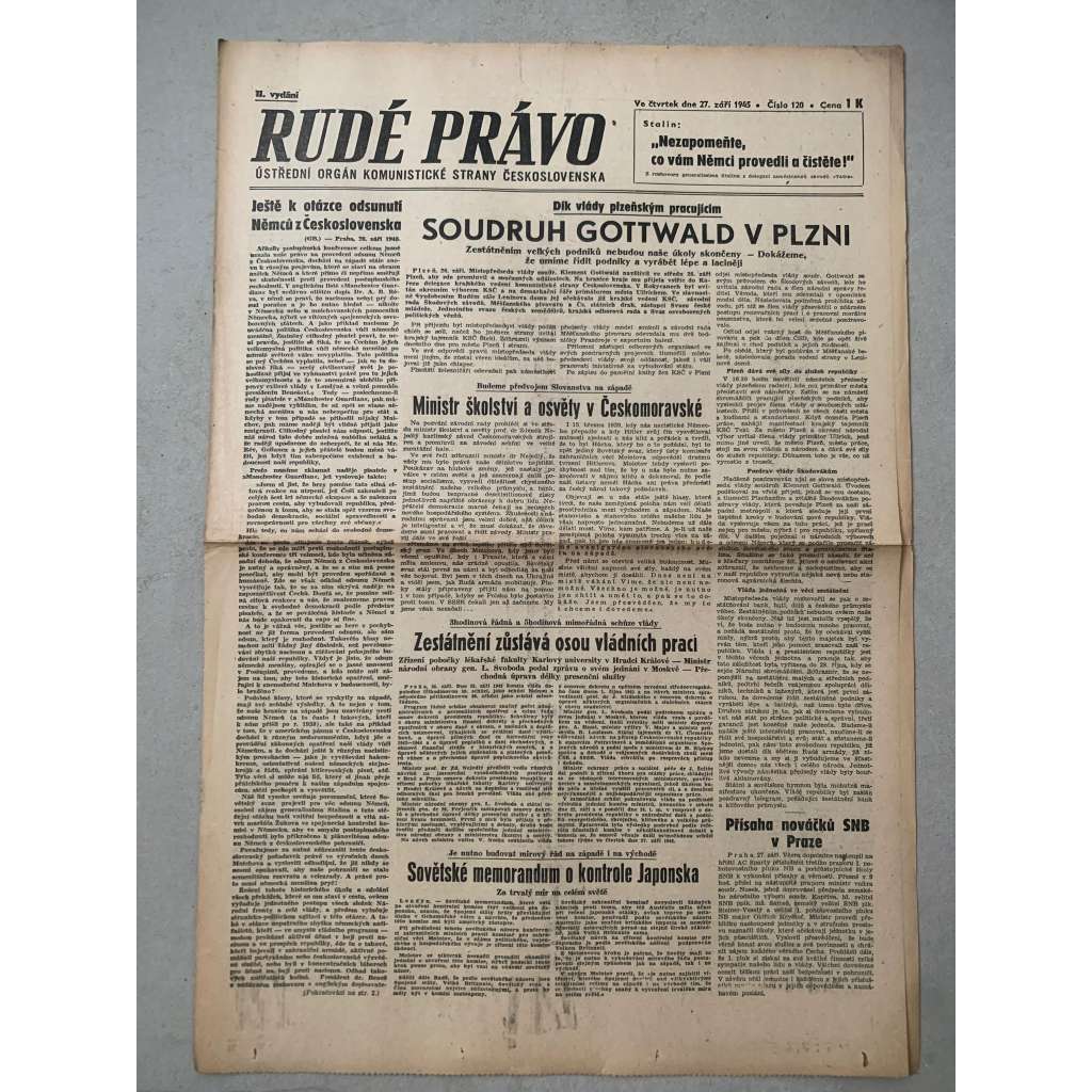 Rudé právo (27.9.1945) - 1. republika, staré noviny