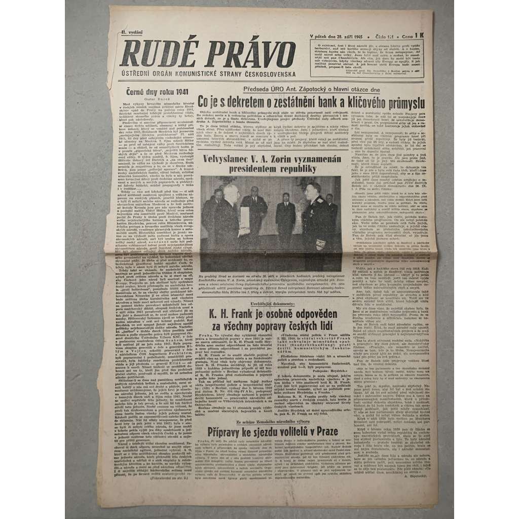 Rudé právo (28.9.1945) - 1. republika, staré noviny