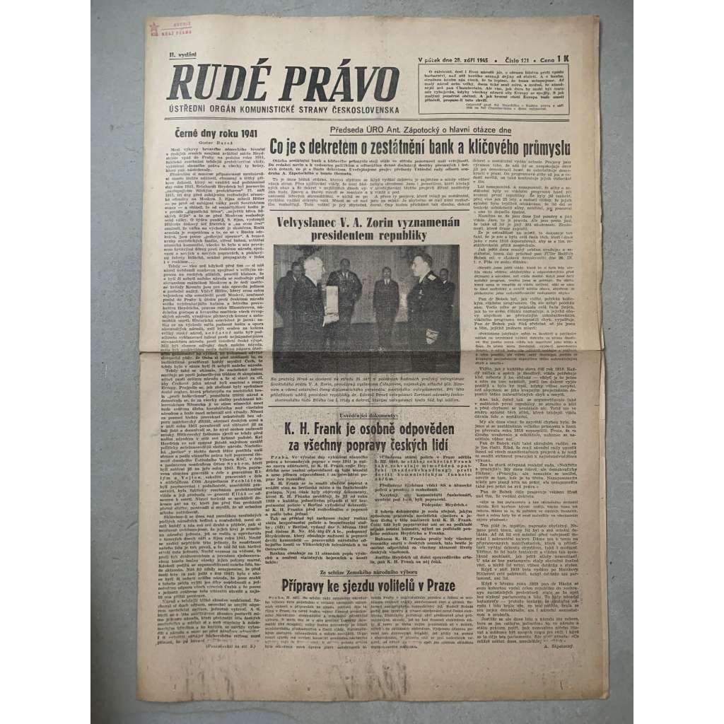 Rudé právo (28.9.1945) - 1. republika, staré noviny